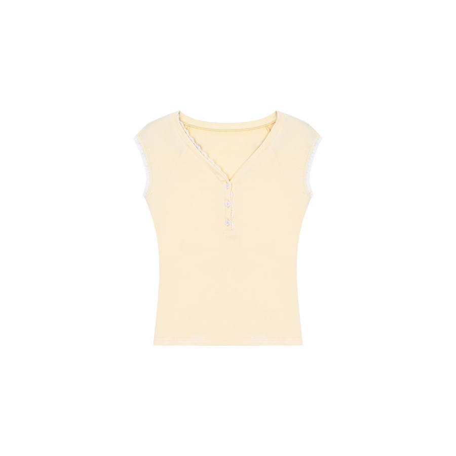 Umoumo T Shirts Women's Yellow Henry Collar Nipped In Waist