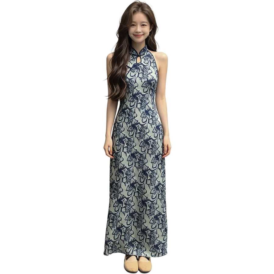 JBBCN Sleeveless Dresses Women's Navy Blue Stand Collar Thin Long Skirt