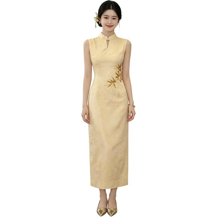 JBBCN Sleeveless Dresses Women's Yellow Stand Collar Thin Long Skirt