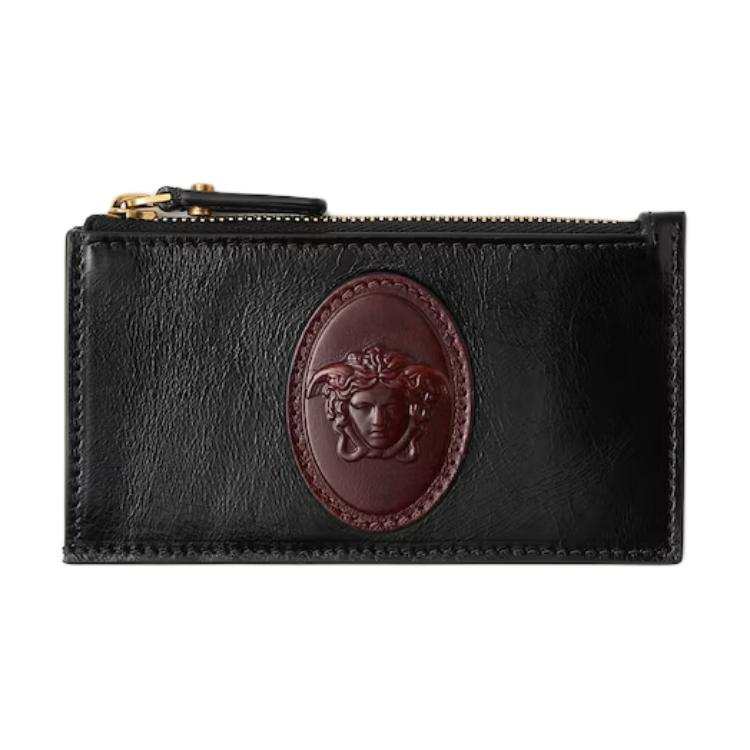 VERSACE Calfskin Card Holder Women's Black & Brown
