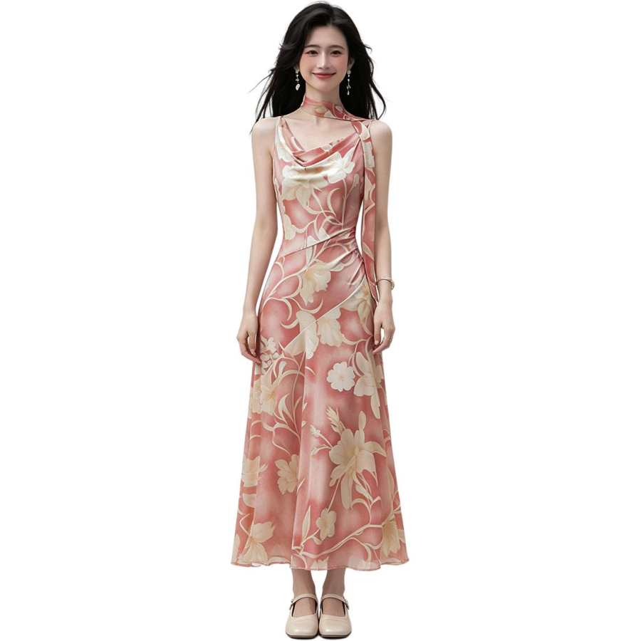 VENICEW Slip Dresses Women's Pink Draped Neckline Thin Long Skirt