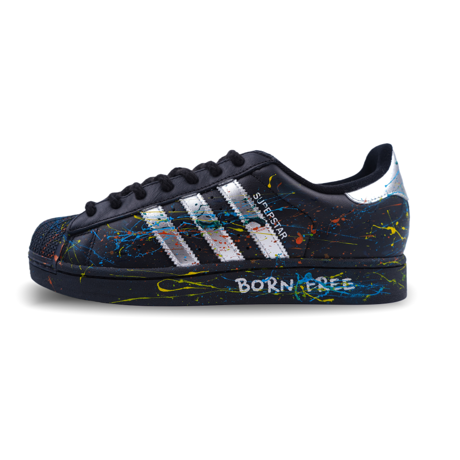 Adidas Originals Superstar 2 Black Silver Ink Splatter Leather Slip Resistant Low top Kids' Skateboarding Shoes