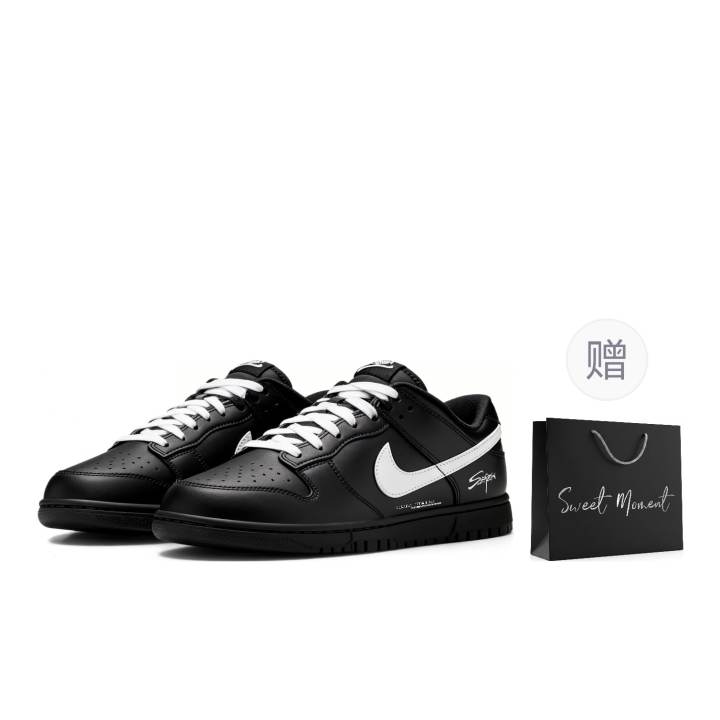 Nike Nike Dunk Black With White Reflection Leather Abrasion Resistant Low top Skateboard Shoes Unisex Black White