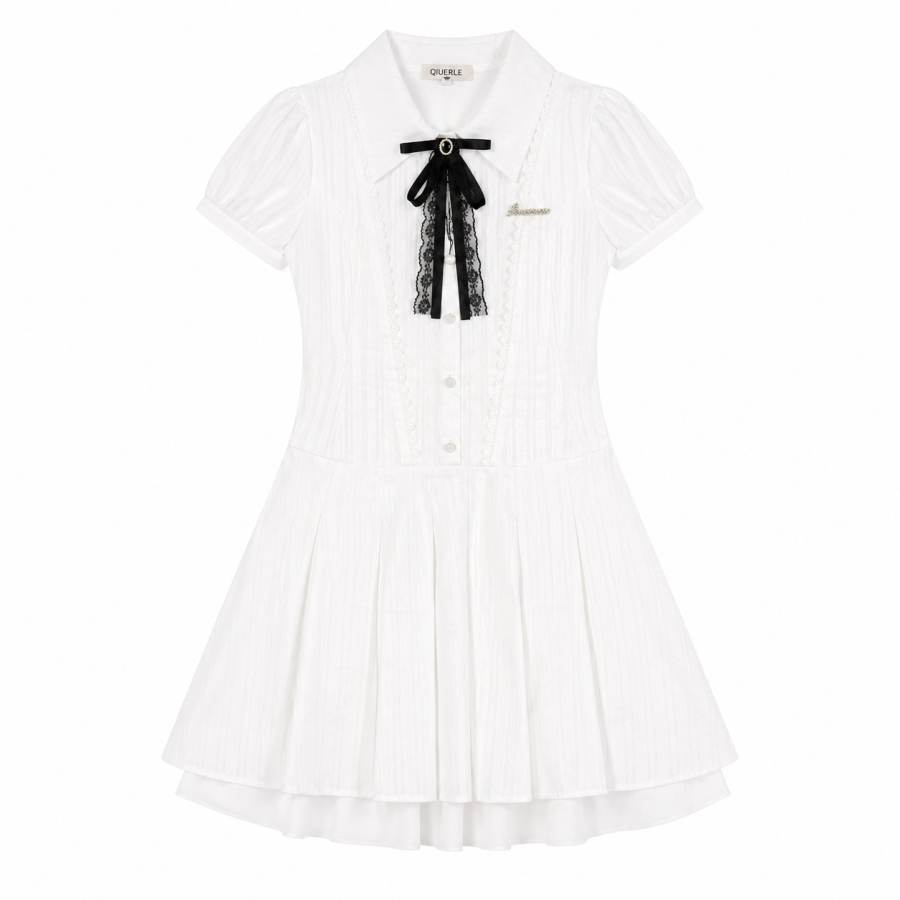 Qiuerle Short Sleeved Dresses Women's Peter Pan Collar Moderate Long