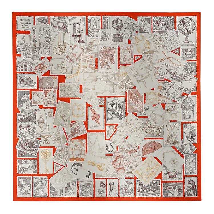 HERMES Mulberry Silk Scarves Women's Vermilion/Cream/Light Burgundy