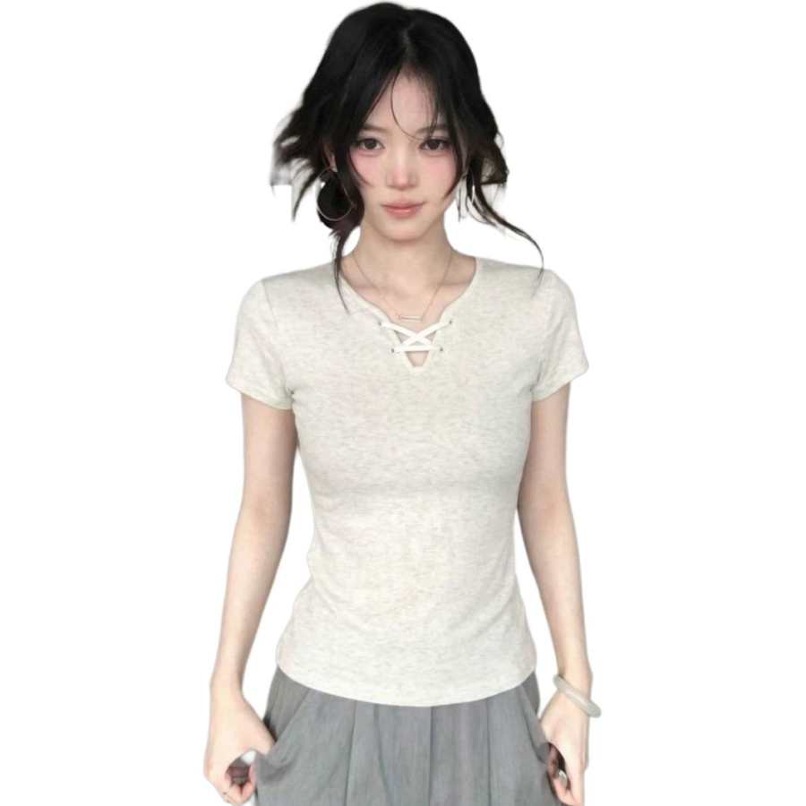 Cotton Gene T Shirts Women's Gray V Neck Moderate Nipped In Waist