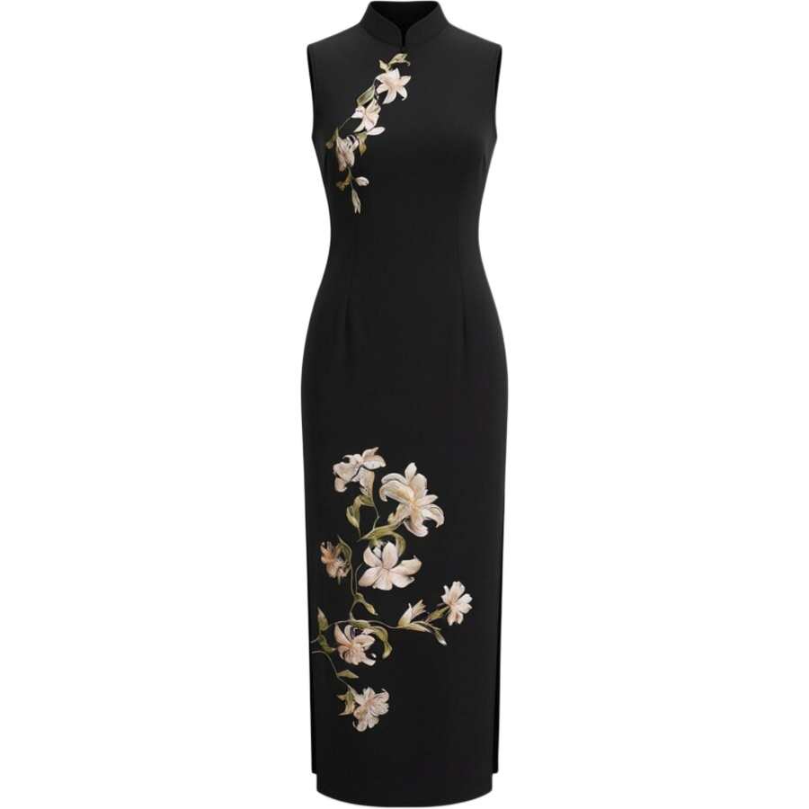 CHARM GLOW Cheongsams Women's Black Cheongsam Collar Moderate Long Qipao