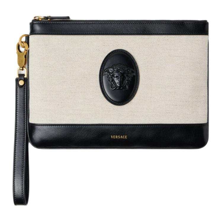 VERSACE Linen With Cotton And Calfskin Clutch Women's Black & Beige