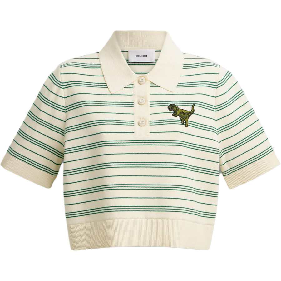 COACH Knitwear Women's Green Stripes Turndown Pointed Collar Moderate