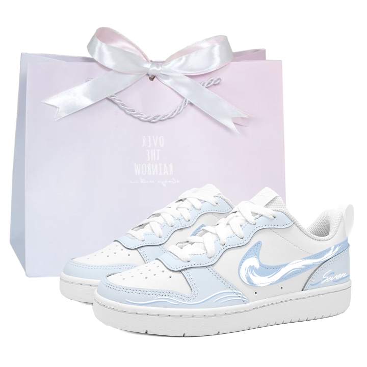 Nike Nike Court Borough Seven Island Chasing Waves Leather Abrasion Resistant Low top Kids' Skateboarding Shoes Light Blue