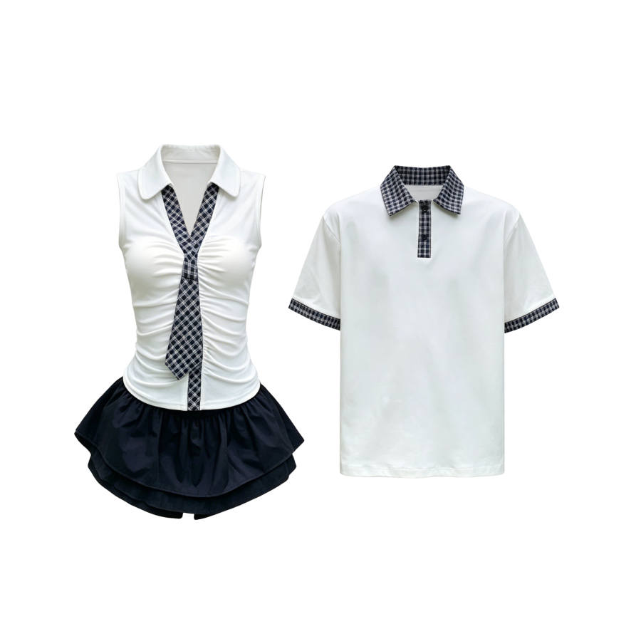 TUSHIFEI Couple Sets Women's Polo Collar Moderate Short Skirt