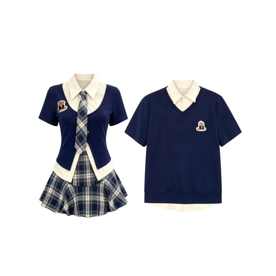 TUSHIFEI Couple Sets Women's Polo Collar Moderate Short Skirt