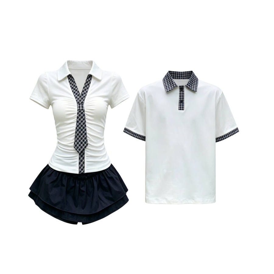 TUSHIFEI Couple Sets Women's Polo Collar Moderate Short Skirt