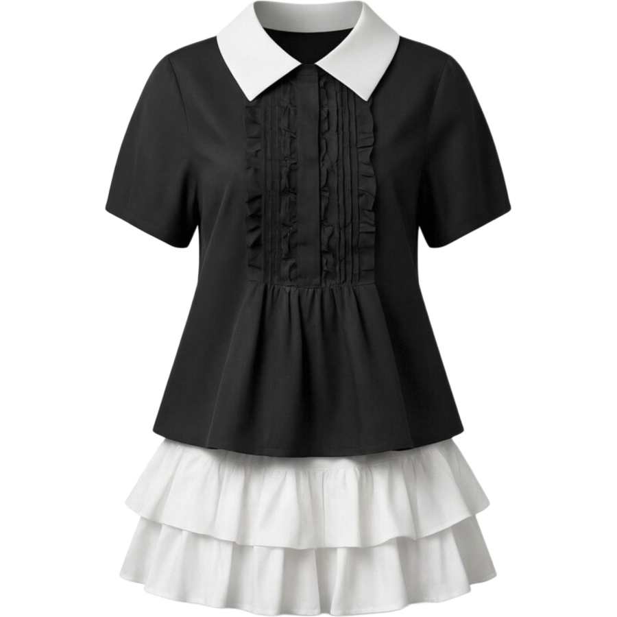 CHARM GLOW Two Piece Skirt Sets Women's Lapel Moderate Short Skirt