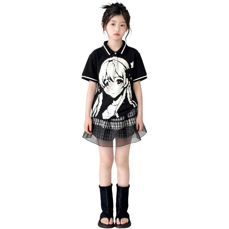 TNTX Kids Two Piece Skirt Sets Polo Collar Moderate Short Skirt Non Stretch