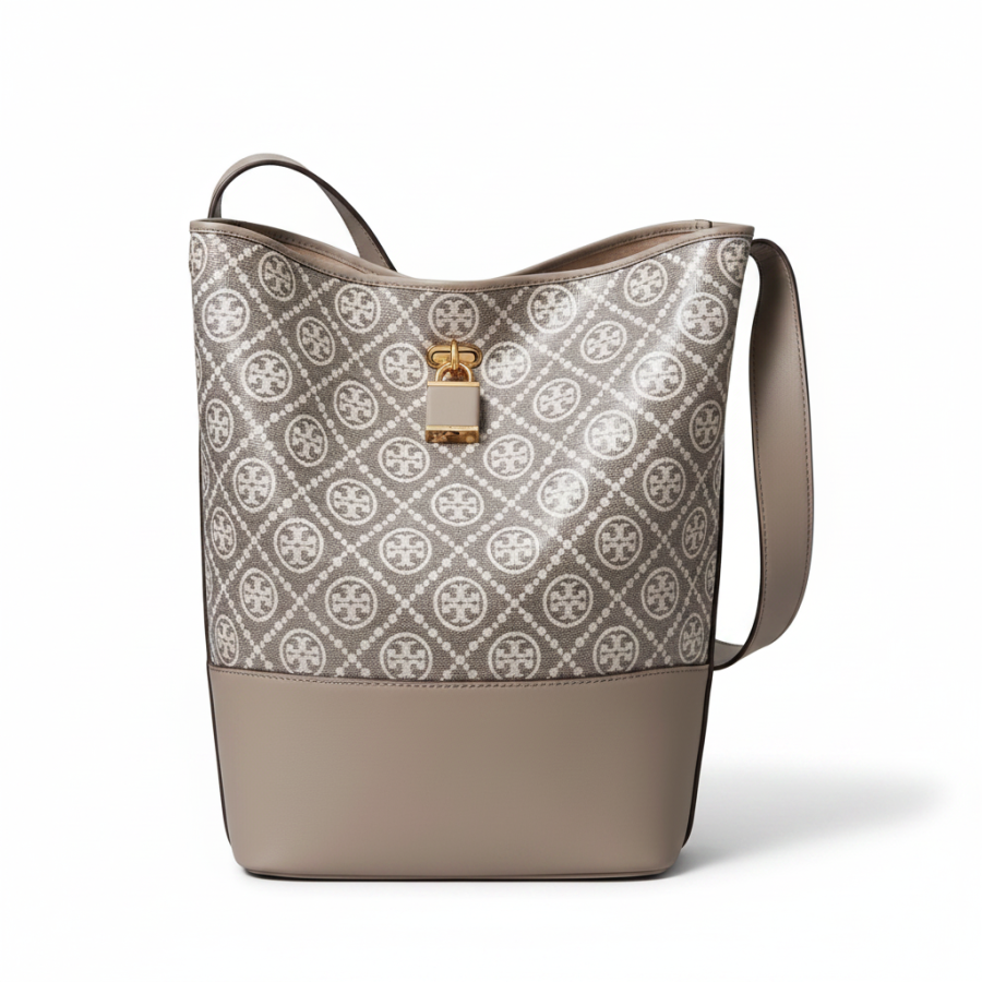 TORY BURCH T Monogram Fabric With Cow Leather Bucket Bag Crossbody Bag Medium Women's Charcoal Gray