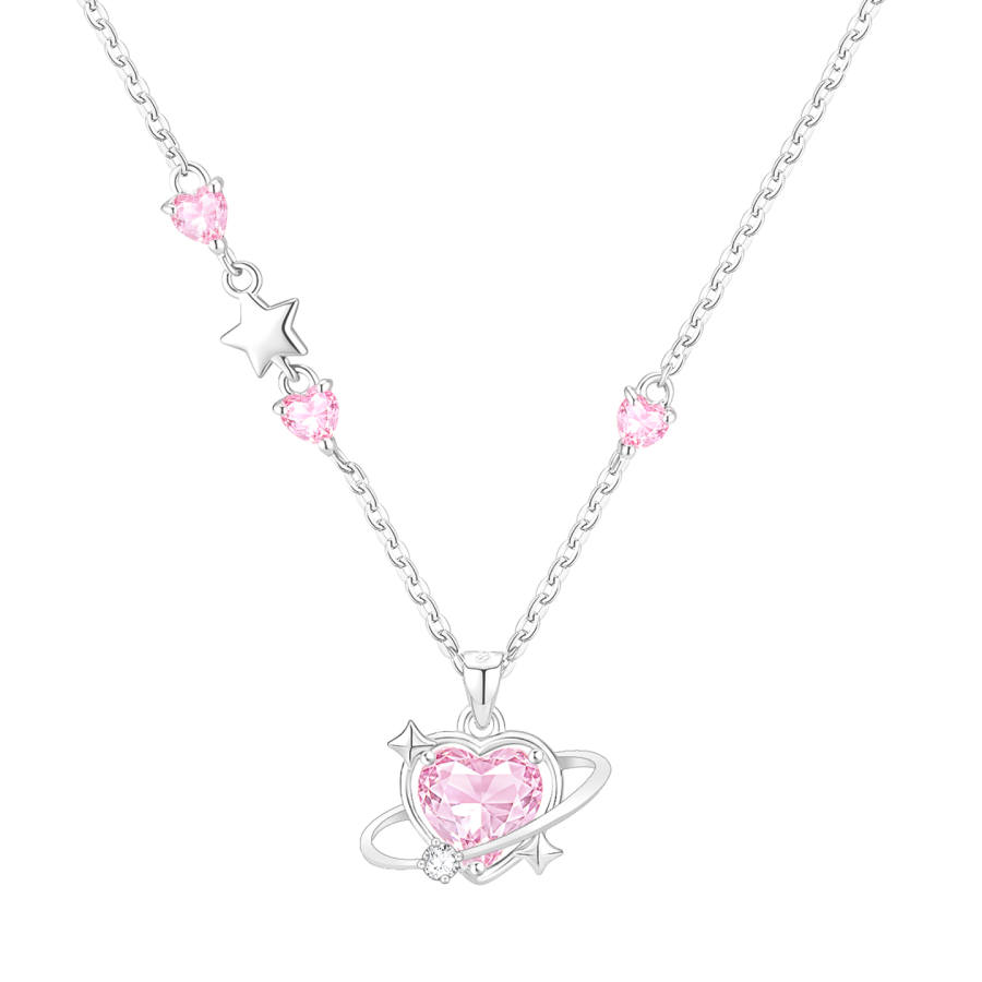 Disney Princess Zircon Copper, White Gold Plated Necklaces Women's Pink