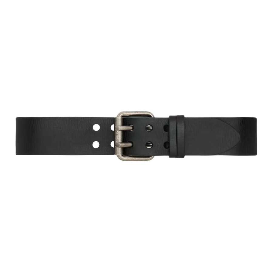 SAINT LAURENT Brass Calfskin Leather Belts Unisex Black Width 5cm