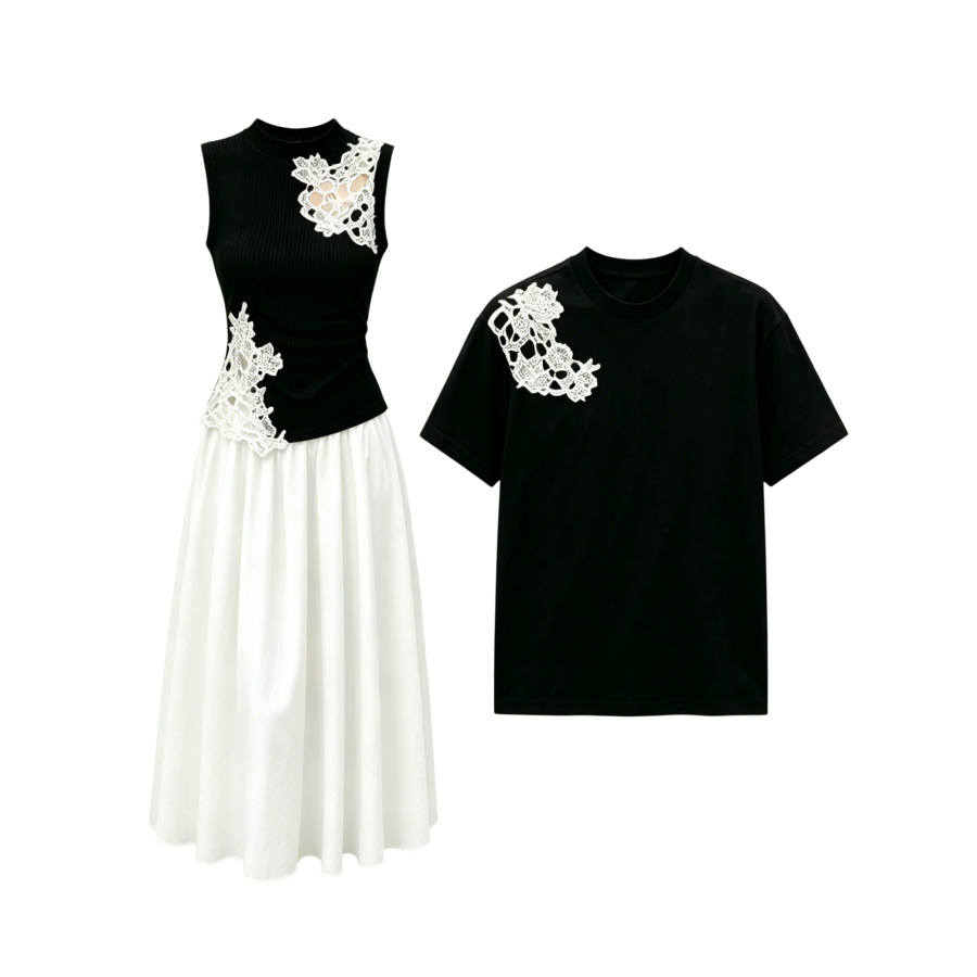 TUSHIFEI Couple Sets Women's Crew Neck Moderate Long Skirt