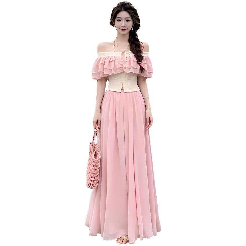SIXUSICHOU Two Piece Skirt Sets Women's Off The Shoulder Thin Long Skirt