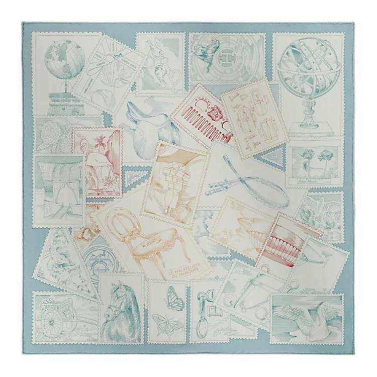 HERMES Twilly Silk Scarves Women's Glacier Blue/White/Beige