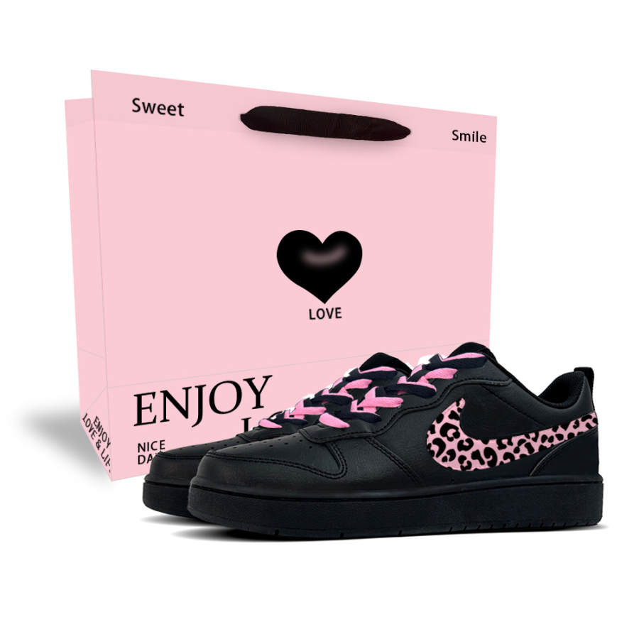 Nike Nike Court Borough Pink Leopard Black Cherry 3 Leather Low top Kids' Skateboarding Shoes Teenagers