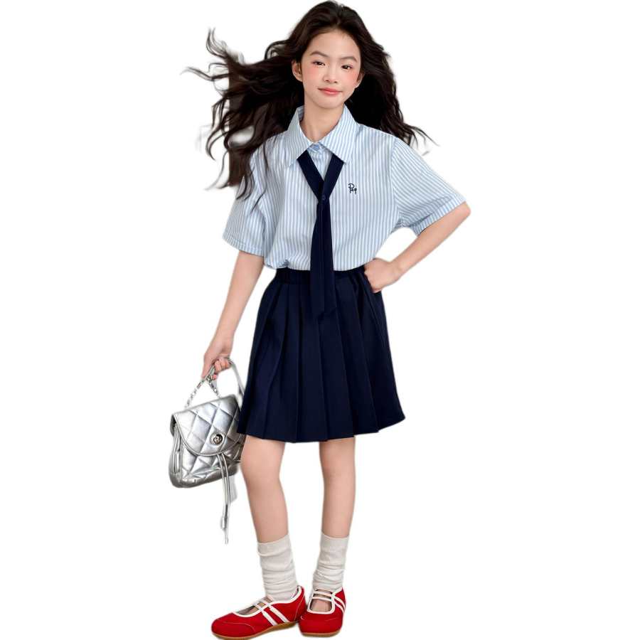PLANDOO Kids Two Piece Skirt Sets Lapel Moderate Short Skirt Non Stretch