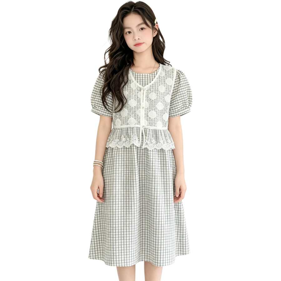 YALU Grade School Two Piece Skirt Sets Crew Neck Moderate Midi Skirt