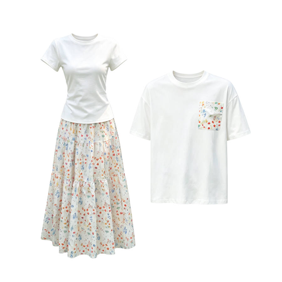TUSHIFEI Couple Sets Women's Crew Neck Moderate Long Skirt
