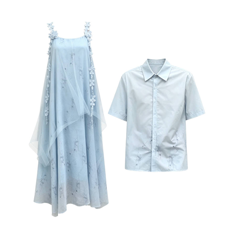 TUSHIFEI Couple Sets Women's Polo Collar Moderate Long Skirt