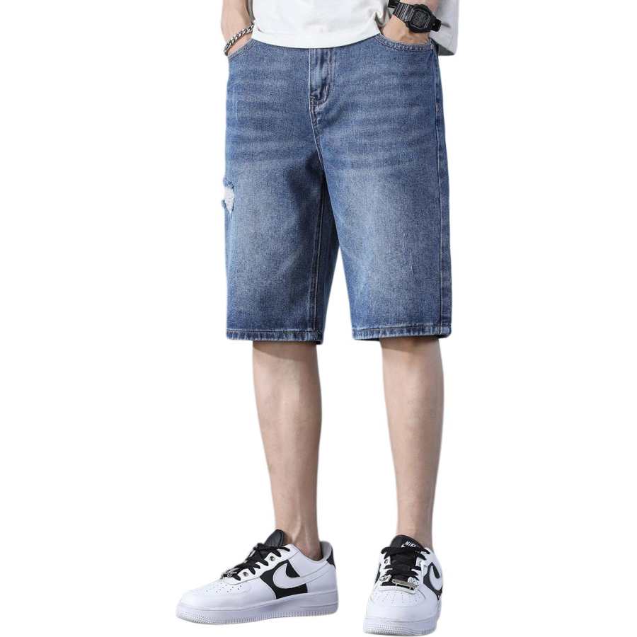 Tonlion Denim Shorts Unisex Dark Blue Thin Straight Fit Pants