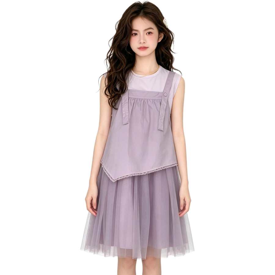 YALU Grade School Two Piece Skirt Sets Crew Neck Moderate Midi Dress