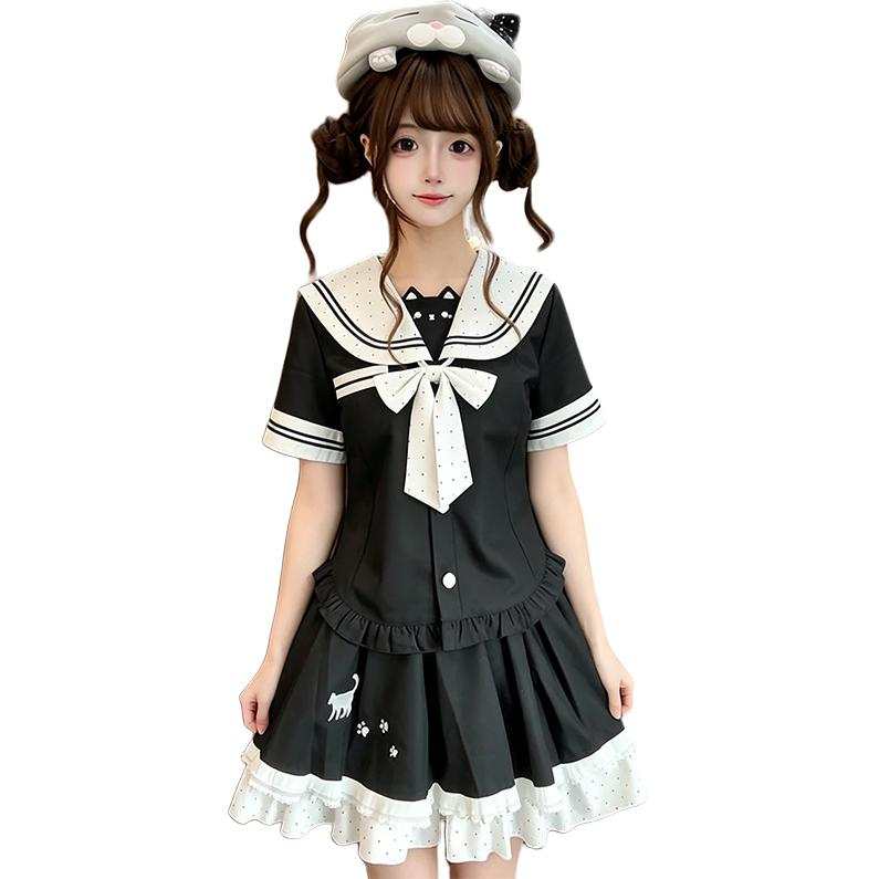 SIXUSICHOU Two Piece Skirt Sets Women's Navy Collar Thin Short Skirt