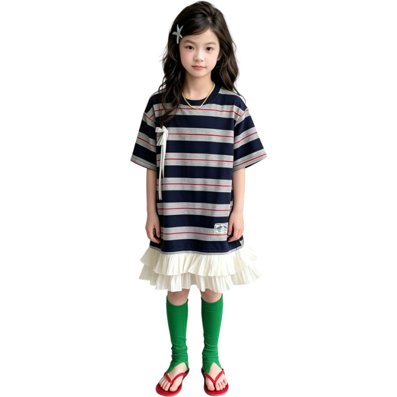 YALU Grade School Dresses Crew Neck Moderate Midi Skirt