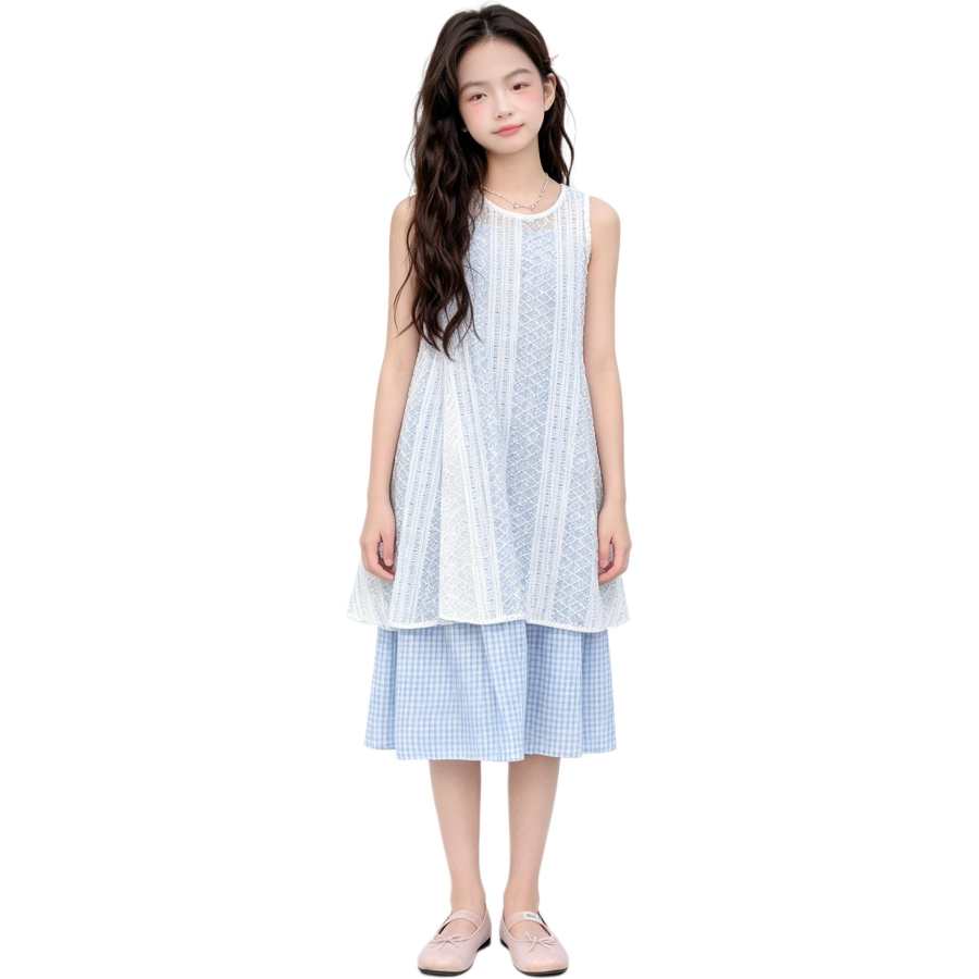 YALU Grade School Two Piece Skirt Sets Crew Neck Thin Midi Skirt