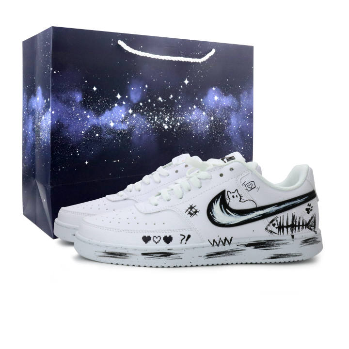 Nike Nike Court Vision 1 Pixel Meow Leather Low top Skateboard Shoes Men's Black White Graffiti