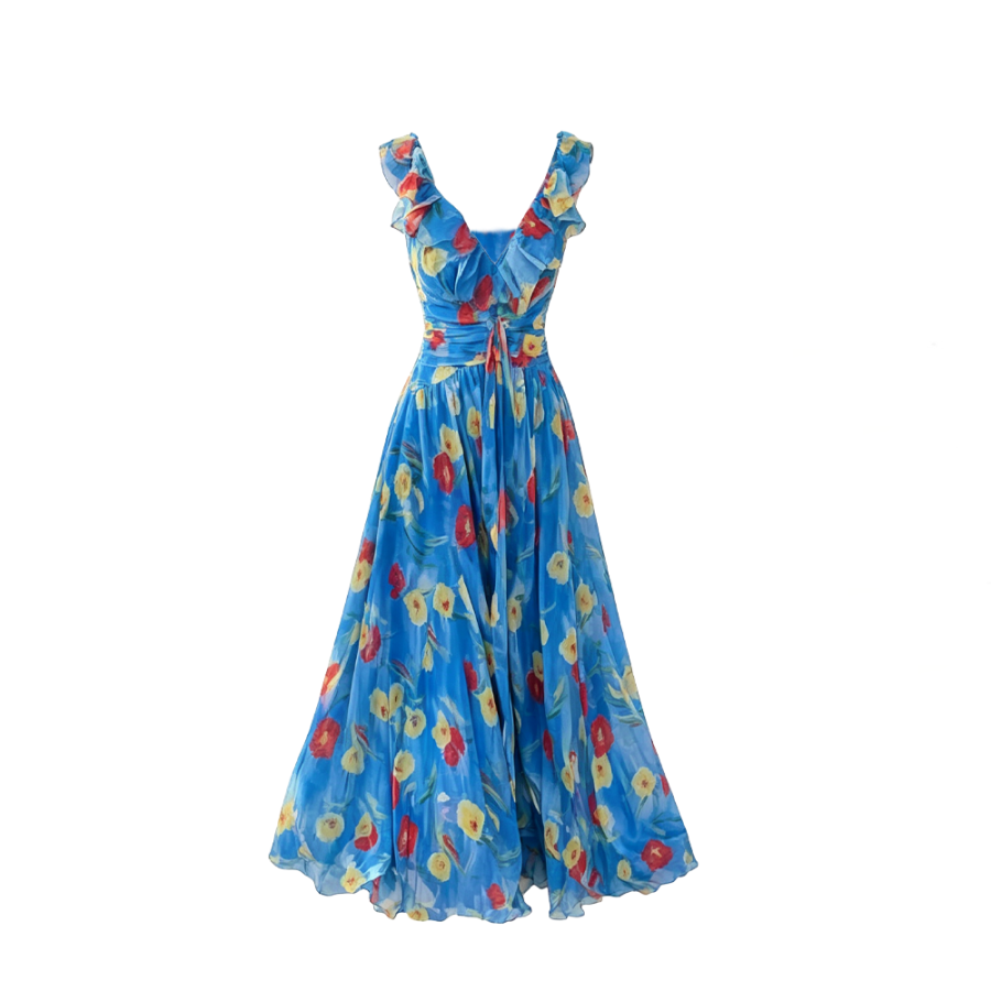 CPAURA Slip Dresses Women's Blue Floral V Neck Moderate Long Skirt