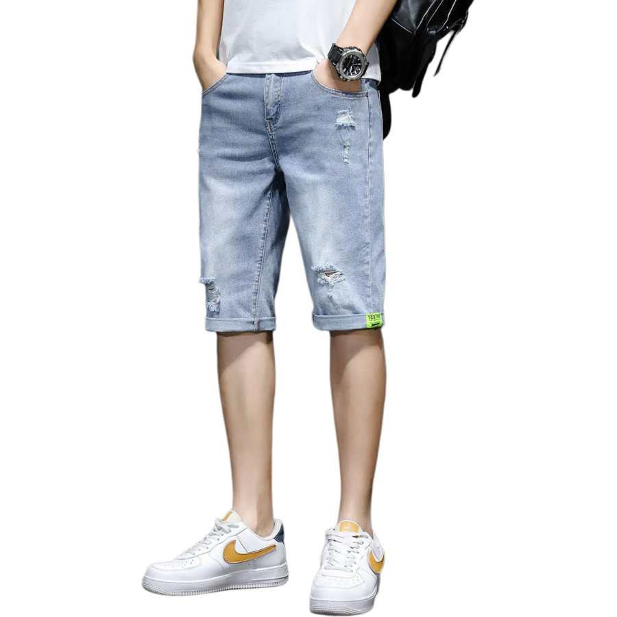 Tonlion Denim Shorts Unisex Light Blue Thin Straight Fit Pants