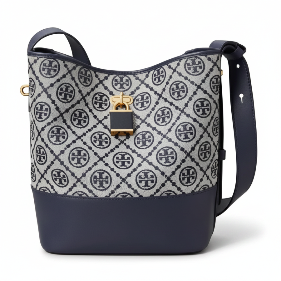 TORY BURCH T Monogram Fabric With Cow Leather Bucket Bag Crossbody Bag Medium Women's Marine Blue