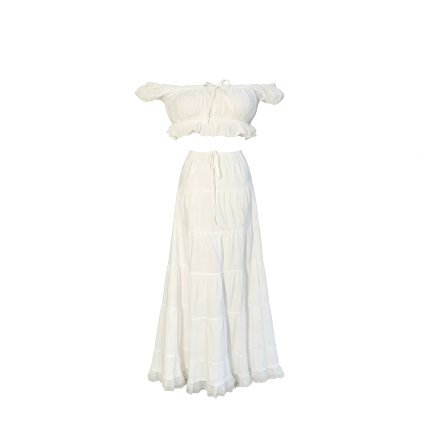CPAURA Two Piece Skirt Sets Women's Off The Shoulder Moderate Long Skirt