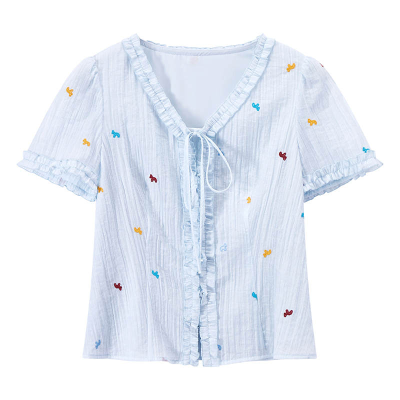 XIANGYING Shirts Women's Nautical Blue V Neck Thin