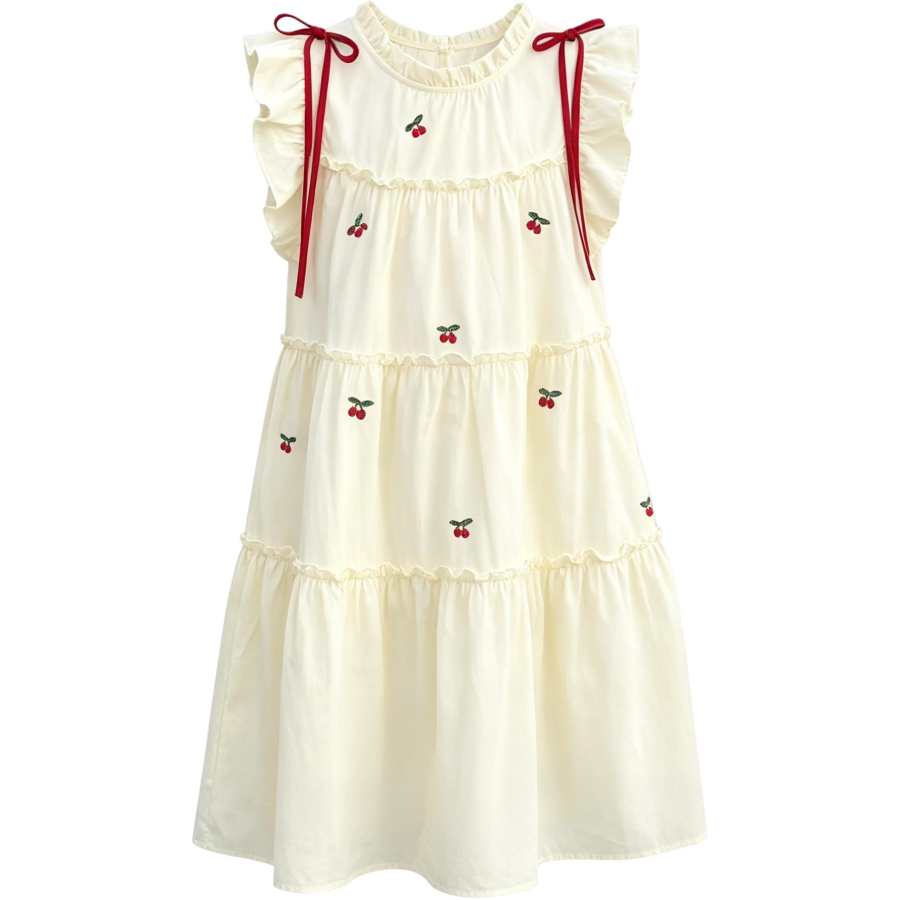 YALU Kids Dresses Lettuce Edge Collar Moderate Midi Skirt Non Stretch