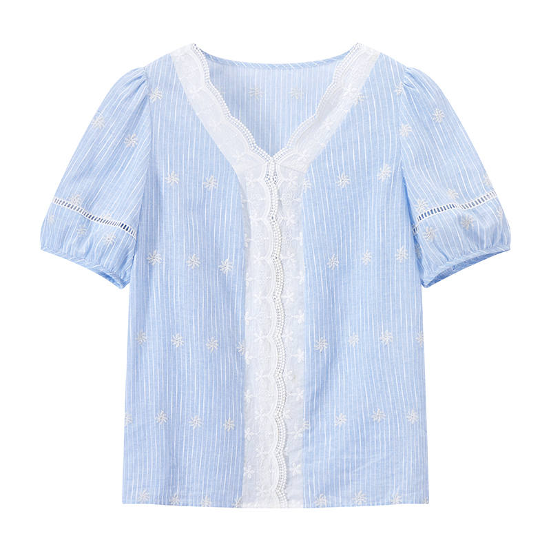 XIANGYING Shirts Women's Nautical Blue V Neck Thin