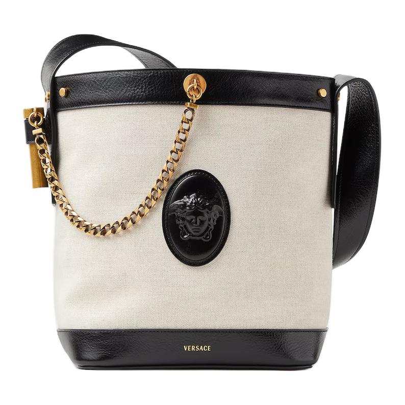 VERSACE Linen With Cotton Shoulder Bag Small Women's Black & Beige