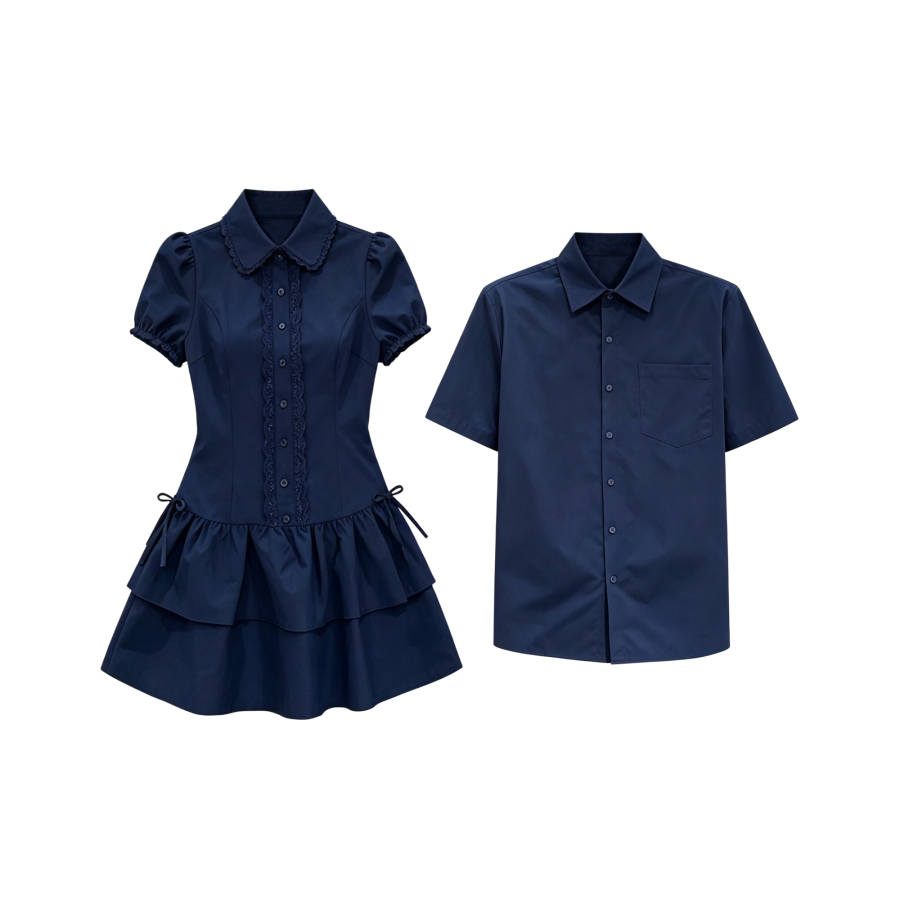 TUSHIFEI Couple Sets Women's Polo Collar Moderate Short Skirt
