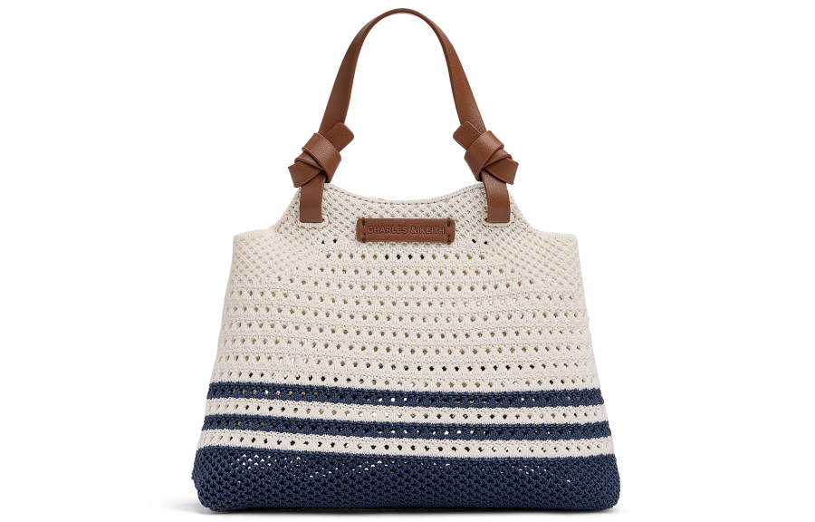 CHARLES&KEITH PU, Textile Mixture Handbag Small Women's Multicolor Dark Blue & White & Brown