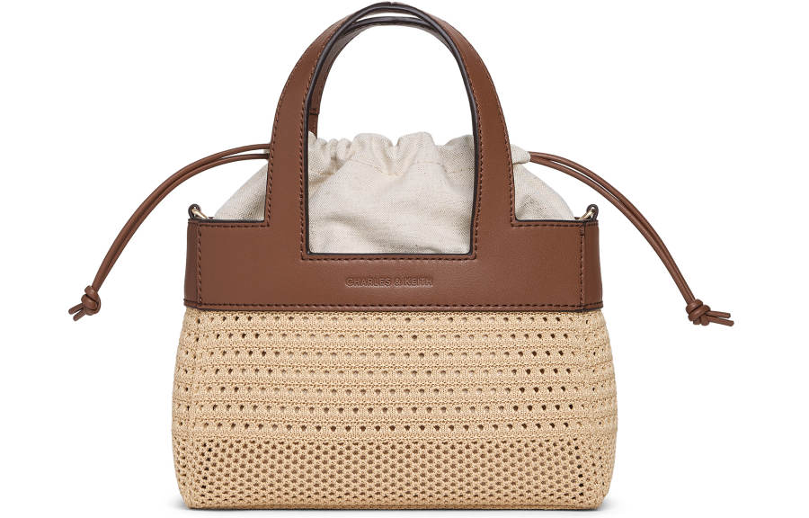 CHARLES&KEITH PU, Textile Mixture Handbag Tote Bag Regular Women's Beige & Brown
