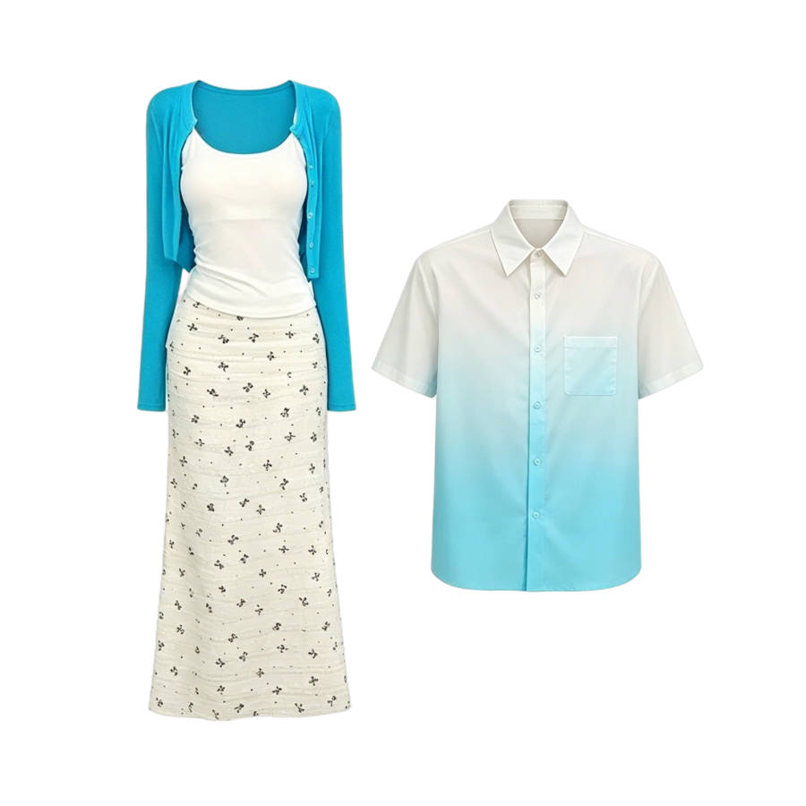 TUSHIFEI Couple Sets Women's Polo Collar Moderate Long Skirt