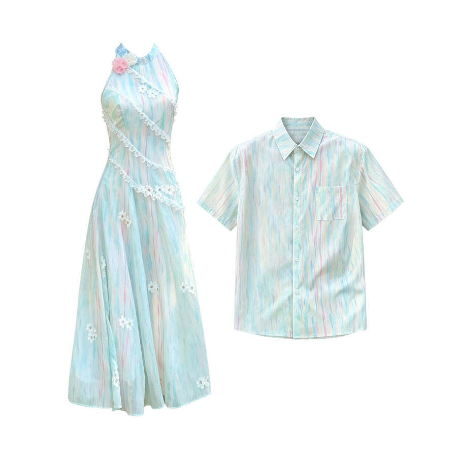 TUSHIFEI Couple Sets Women's Polo Collar Moderate Long Skirt