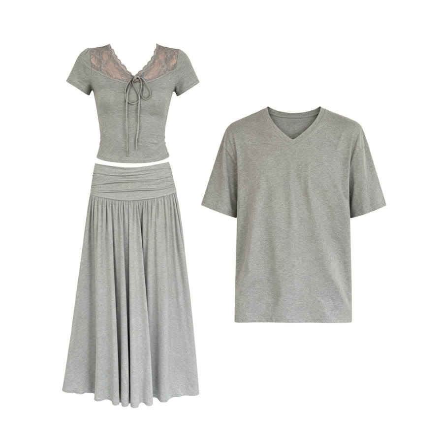 TUSHIFEI Couple Sets Women's V Neck Moderate Long Skirt